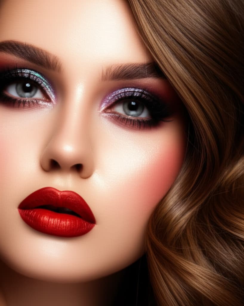 Close-up of a beautiful woman showcasing a glamorous party makeup look with shimmery metallic eyeshadow, sharp winged eyeliner, full lashes, glowing skin, and bold matte red lipstick, ideal for evening events.