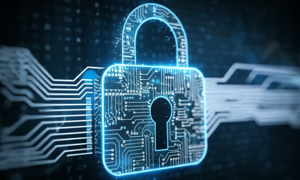 Digital padlock representing strong password security, with glowing data streams, illustrating essential tips for online protection and data encryption.