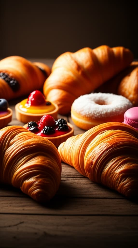 A close-up view of a diverse selection of freshly baked pastries, including golden croissants, colorful fruit tarts, glazed donuts, and delicate macarons, artfully arranged on a rustic wooden surface under soft natural light, highlighting their detailed textures.