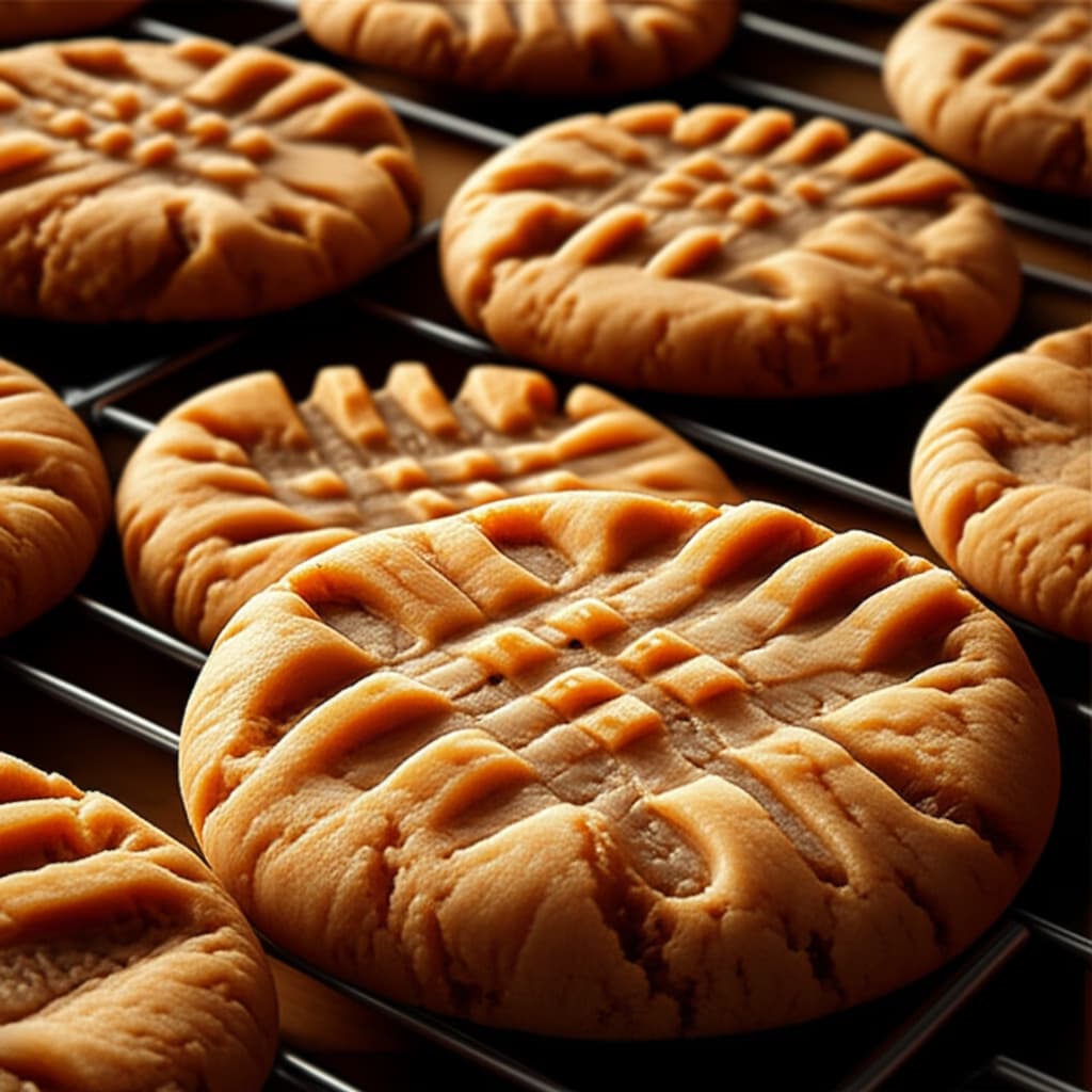 Close-up of freshly baked golden-brown peanut butter cookies with classic criss-cross fork marks, resting on a wire cooling rack in natural light.