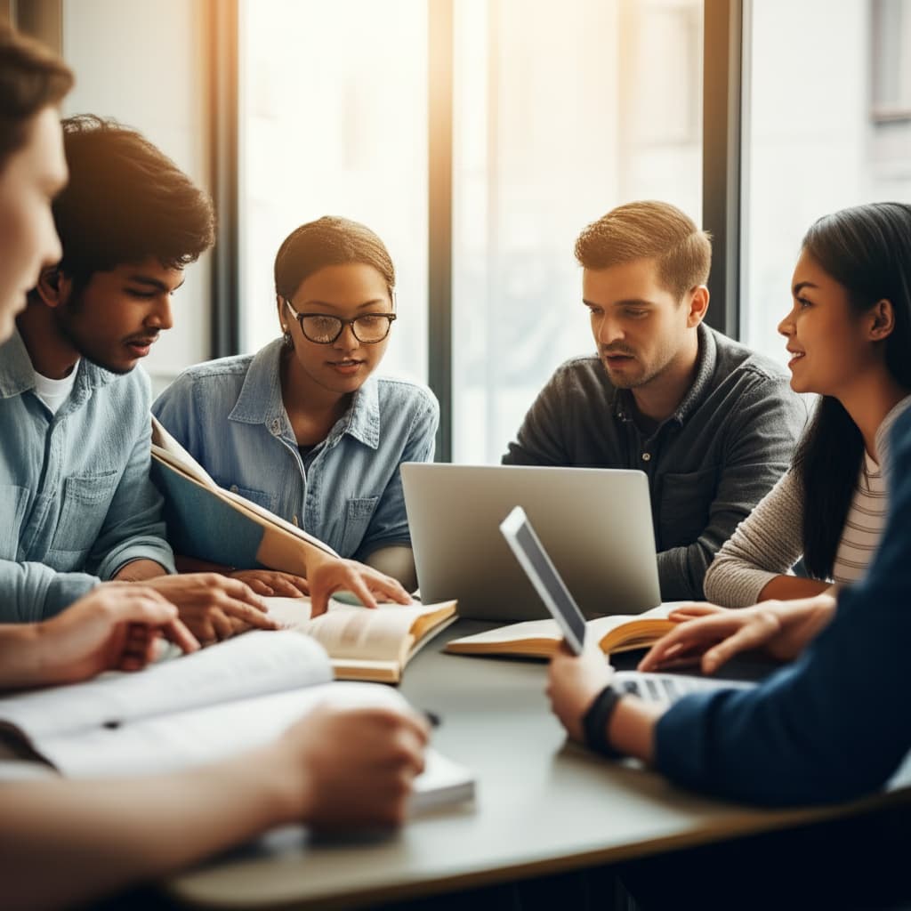 Diverse group of college students actively engaged in peer learning, collaborating and discussing academic concepts around a table in a brightly lit modern study area, depicting teamwork and shared knowledge.