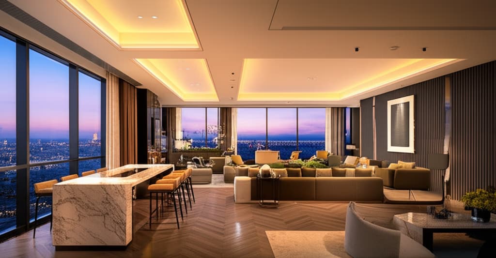 Luxury modern penthouse apartment interior design with stunning cityscape view, showcasing elegant living space, high-end furniture, and large windows with natural light.
