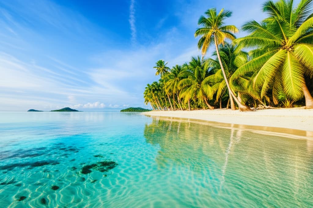 A picturesque Philippines beach featuring pristine white sand, crystal-clear turquoise waters, and lush green palm trees swaying under a vibrant blue sky.