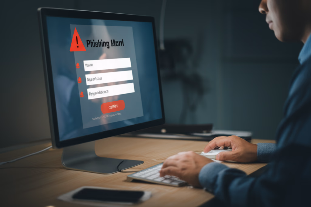 A close-up image of a computer screen displaying a deceptive phishing email with suspicious links, illustrating common phishing attack examples and how cybercriminals attempt to steal user data.