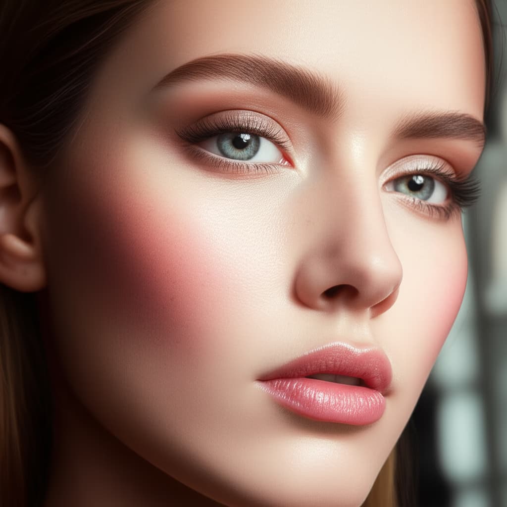 Close-up of a woman showcasing a natural Pinterest makeup look, featuring glowing skin, soft eye makeup, and nude lips, ideal for daily wear.