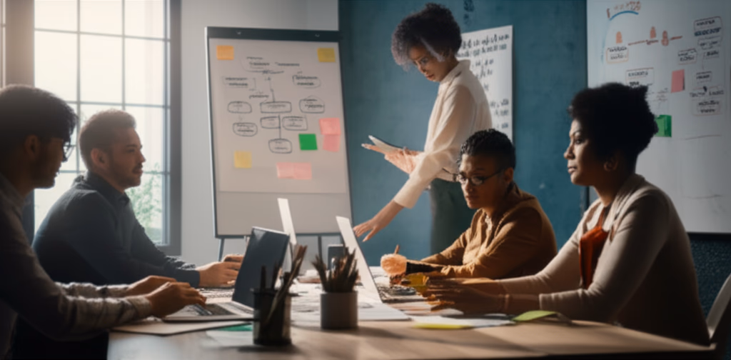 Diverse business team actively engaged in a strategic planning meeting, brainstorming ideas around a modern conference table with laptops and notes in a bright office environment.
