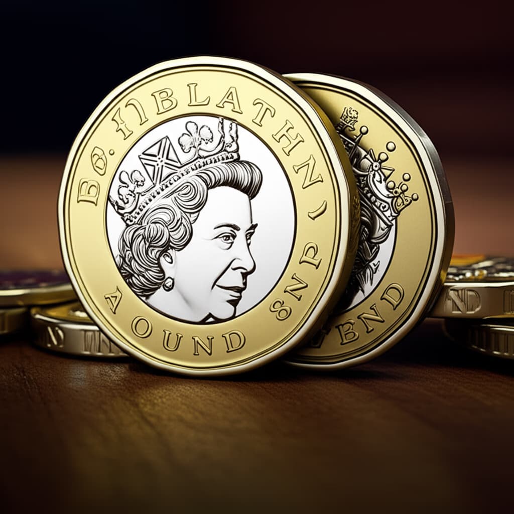 Close-up image of British Pound Sterling banknotes and coins (GBP), showcasing detailed security features and portraits of Queen Elizabeth II, representing UK currency.
