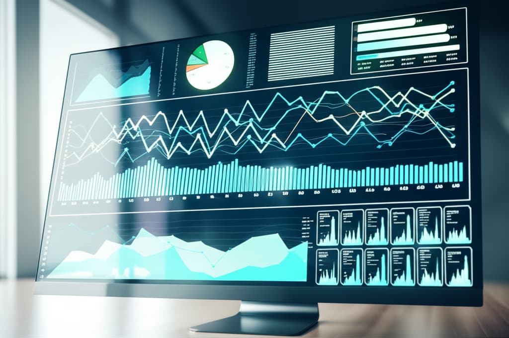 High-resolution image depicting various predictive analytics charts showing future trends, data projections, and financial forecasts on a digital display, illustrating business intelligence.