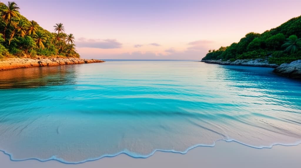 A tranquil, secluded private beach with crystal-clear turquoise water, white sand, and lush tropical trees, emphasizing serenity and luxury for a perfect escape.