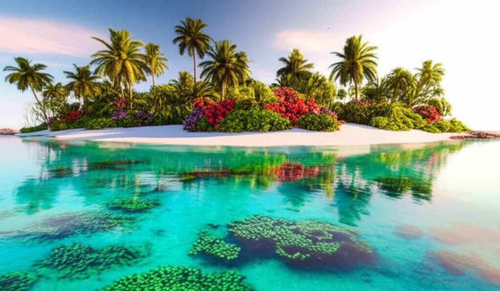 Stunning aerial view of a secluded private island with pristine white sand beaches, crystal-clear turquoise waters, and lush green palm trees under a bright blue sky. Ideal for a luxury tropical escape.