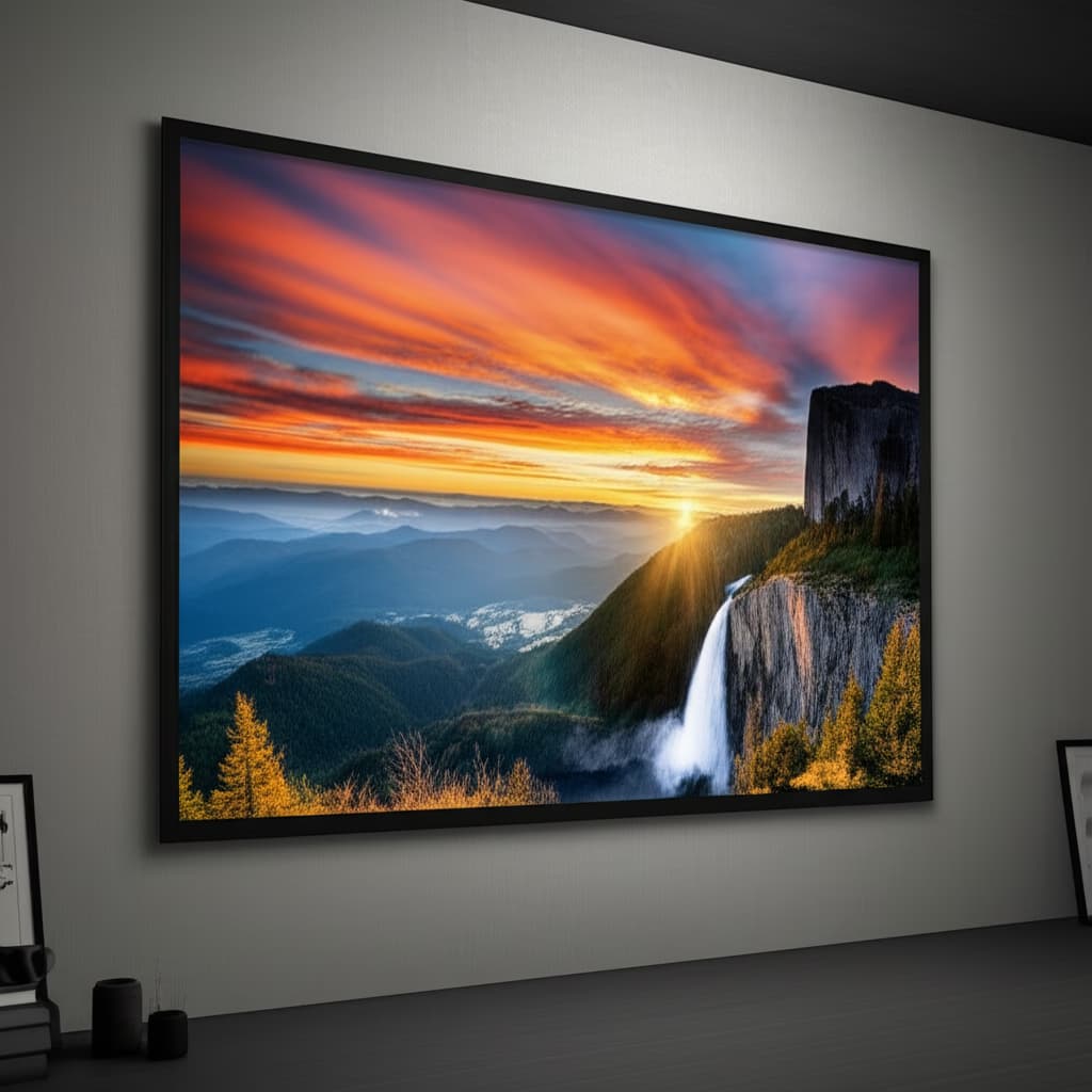 A realistic, ultra-high-definition image of a projector screen displaying a vibrant landscape scene within a modern home theater, showcasing exceptional visual clarity and detail.