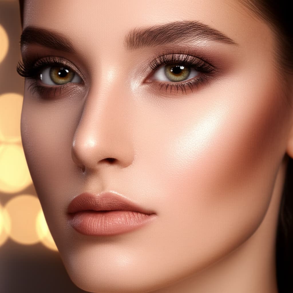 Close-up of a young woman showcasing a beautiful natural prom makeup look with glowing skin, soft eyeshadow, and a subtle lip color, perfect for a high school prom.