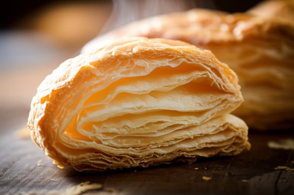 Close-up of golden-brown, perfectly baked puff pastry with visible flaky layers and a light, airy texture, ready for culinary use.