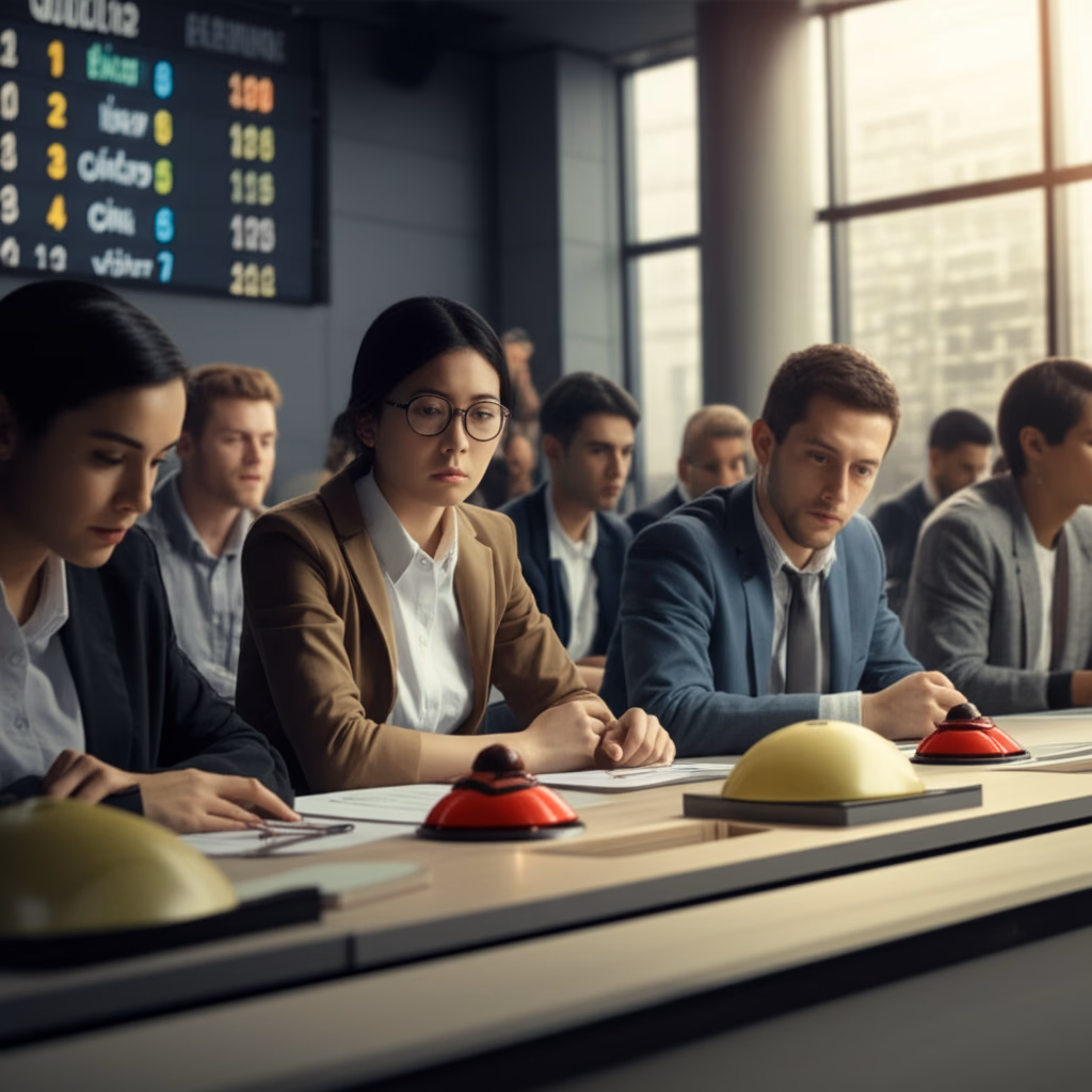 A group of diverse participants intently engaged in a quiz competition, focused on their buzzers and a large screen displaying questions.