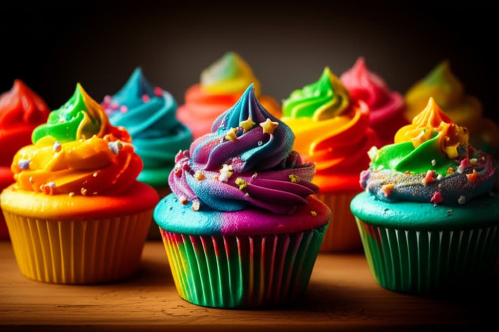 Close-up of freshly baked rainbow cupcakes with vibrant multi-colored frosting and festive sprinkles, ready for a birthday party.