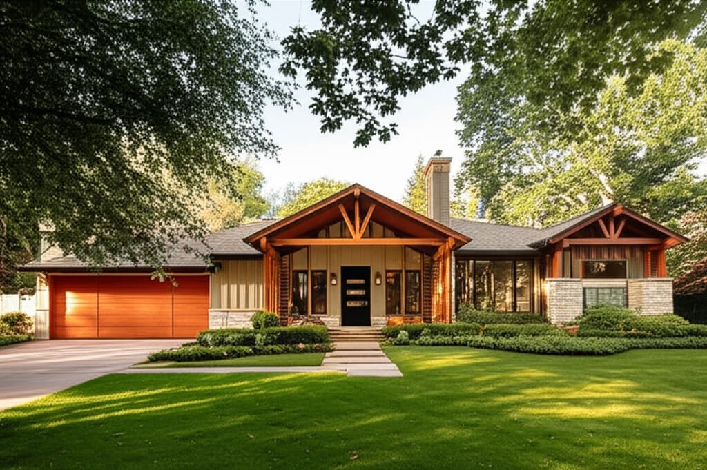 A beautiful, spacious single-story ranch style house with a low-pitched roof, large windows, and a wide front porch, set on a green lawn with trees. Ideal for modern ranch home design ideas.