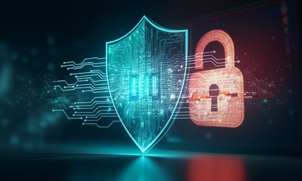 Image depicting a robust digital shield protecting data from a ransomware lock, symbolizing advanced cybersecurity and comprehensive data protection measures.