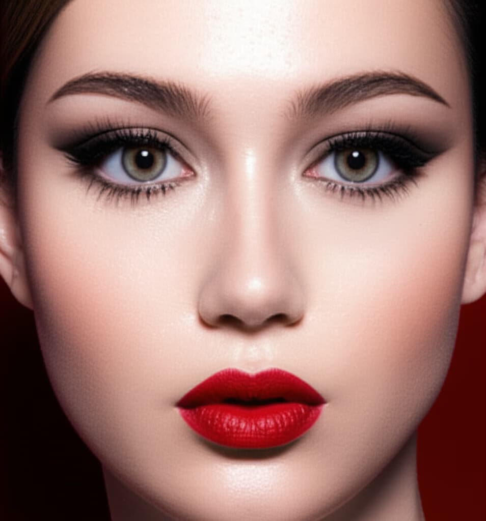 Close-up of a woman with flawless red carpet makeup, featuring glowing skin, smokey eyes, and red lipstick, showcasing a glamorous beauty look.