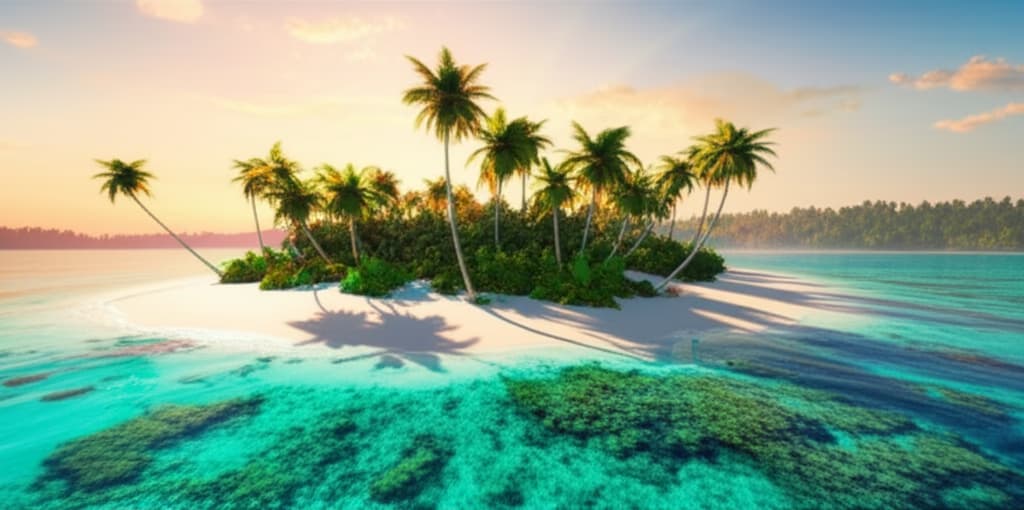 Stunning panoramic view of a remote tropical island with white sand beaches, turquoise ocean, and lush palm trees under a sunrise sky, emphasizing untouched natural beauty.