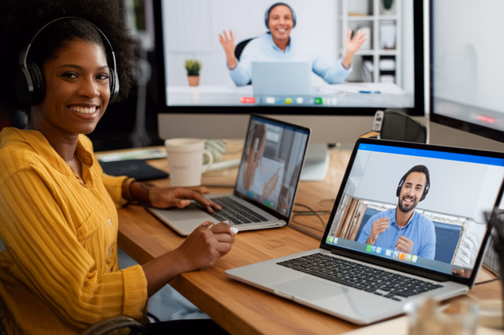 Diverse professionals actively participating in a high-quality remote video meeting, showcasing productive virtual collaboration from their home offices and co-working spaces. Represents modern remote work and online conference efficiency.