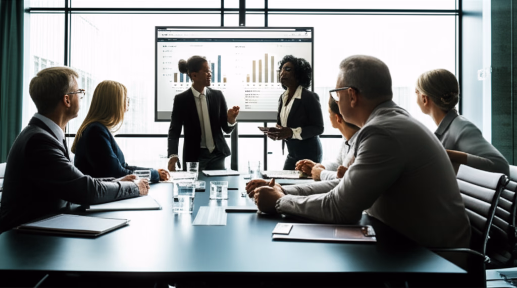 Diverse group of business professionals engaged in a review meeting in a modern conference room, discussing a presentation on a large screen.