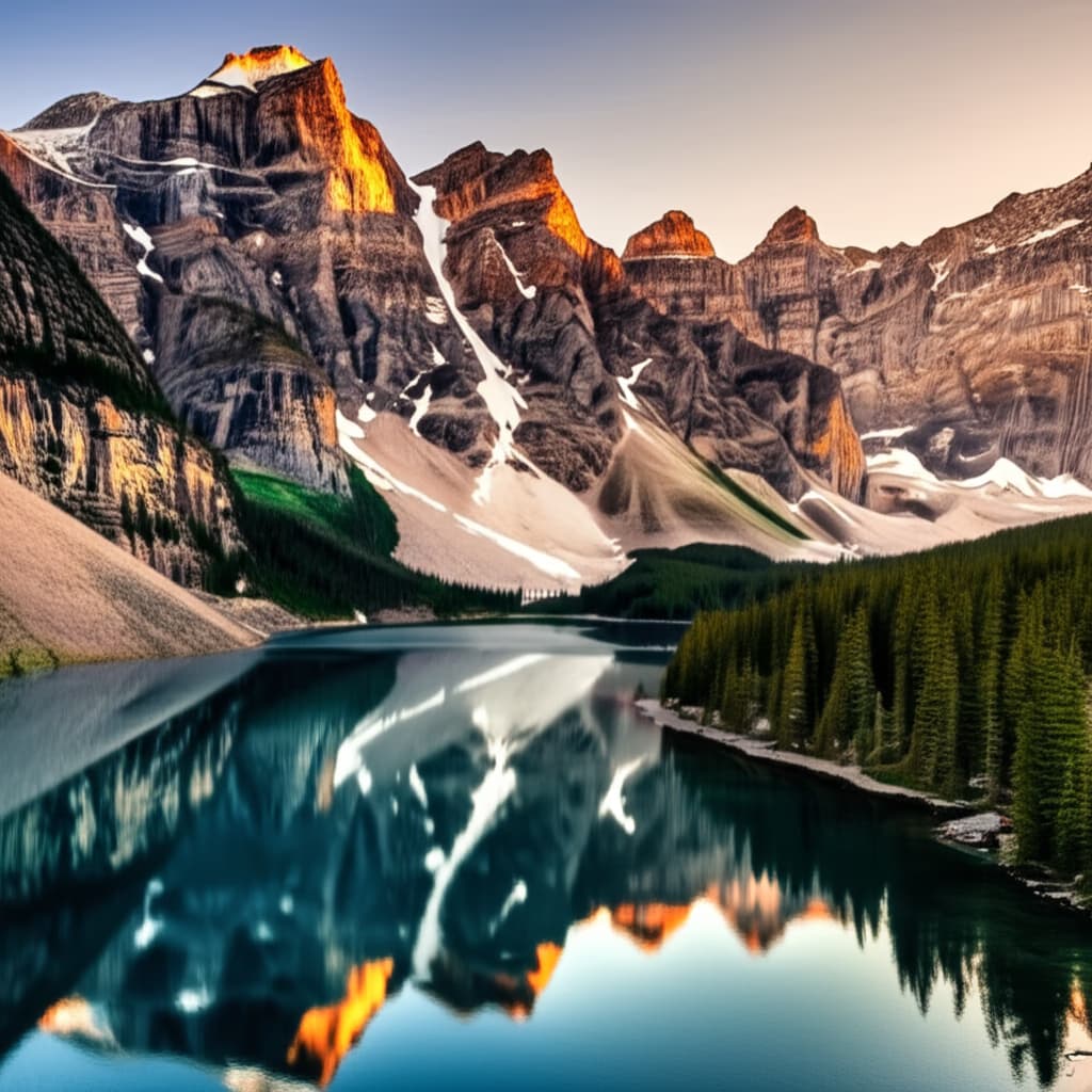 Scenic view of majestic Rocky Mountains with snow-capped peaks, alpine lake, and pine trees under a clear sky