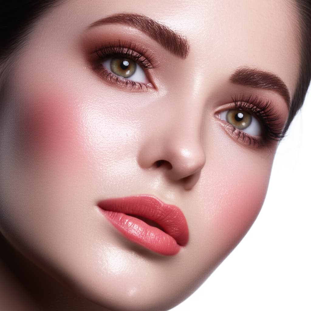 Close-up of a model with a soft romantic makeup look, featuring glowing skin, subtle pink eyeshadow, rosy cheeks, and natural berry lips, perfect for a wedding or date night.