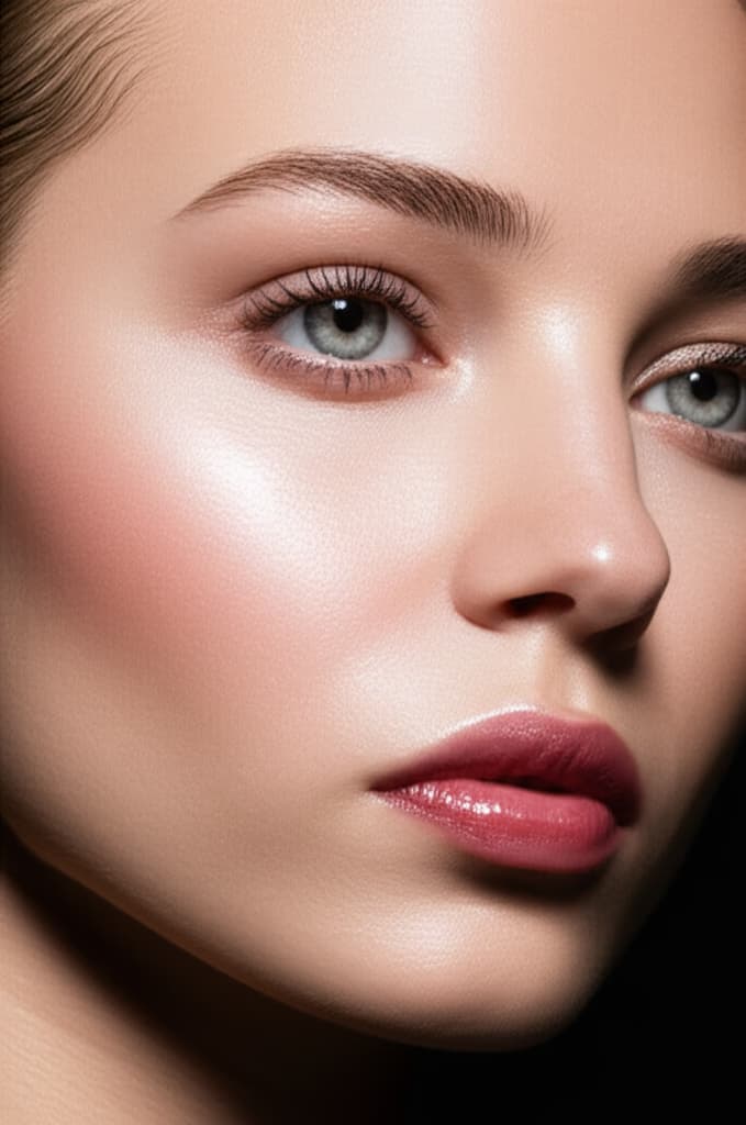 Close-up of a high-fashion model showcasing a natural runway makeup look with flawless, luminous skin, subtle eye enhancement, and soft, muted lips. Editorial style photograph.