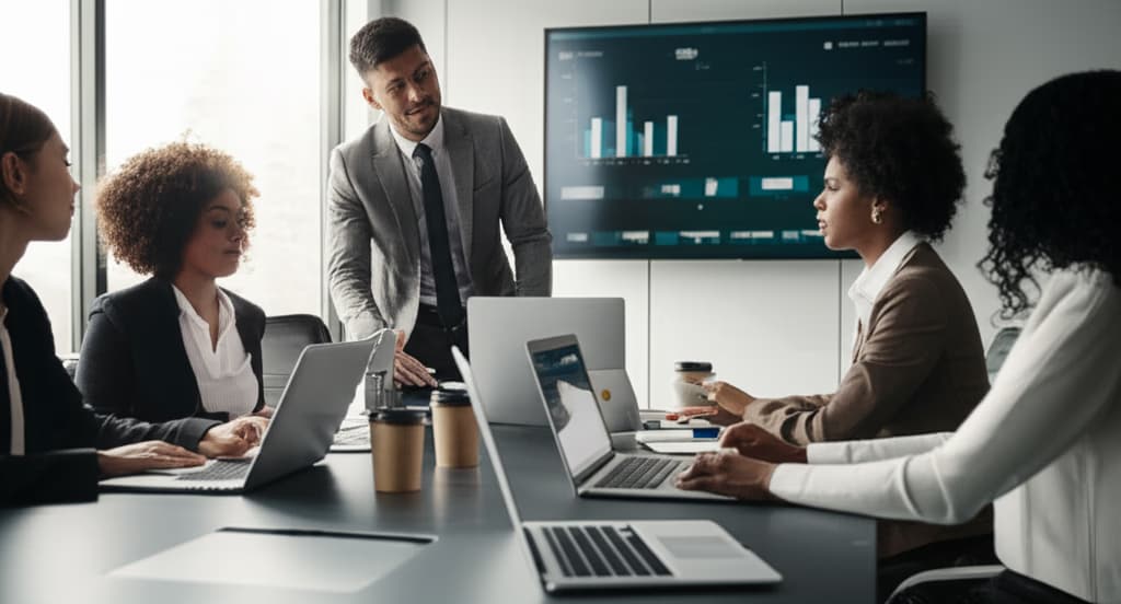 A diverse team of professionals engaged in a productive sales meeting, collaborating on strategies in a modern office. High-quality sales meeting image.