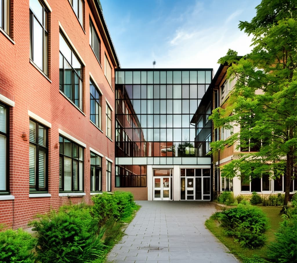 Realistic photo of a modern school building with large windows and a clear entrance, surrounded by green landscaping under a blue sky, conveying a welcoming educational environment.