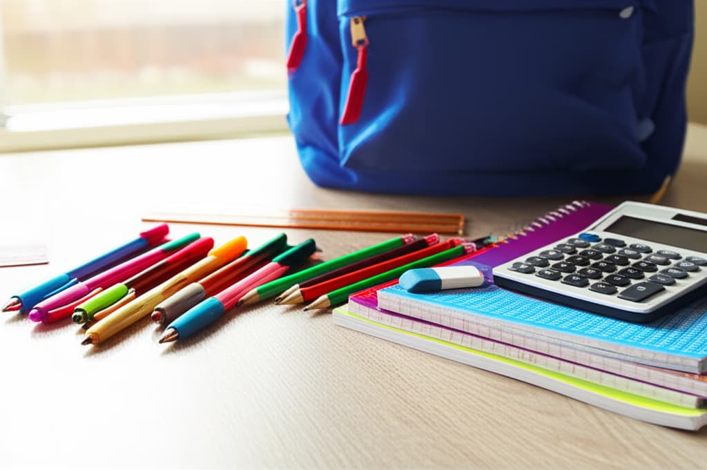 A flat lay photo of various colorful and realistic school supplies, including pens, pencils, notebooks, a ruler, and a calculator, neatly arranged on a light wooden desk, ready for the academic year.
