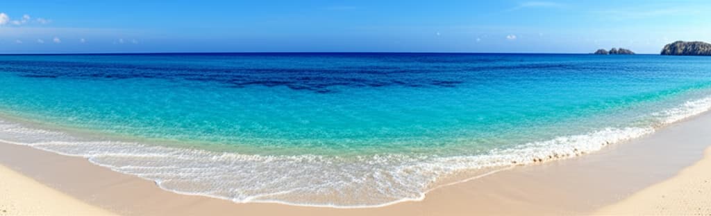 A panoramic, ultra-realistic image of a tranquil sea view, featuring crystal-clear turquoise ocean water, a pristine sandy beach, and a clear blue sky meeting the horizon. This natural coastal landscape showcases untouched beauty.