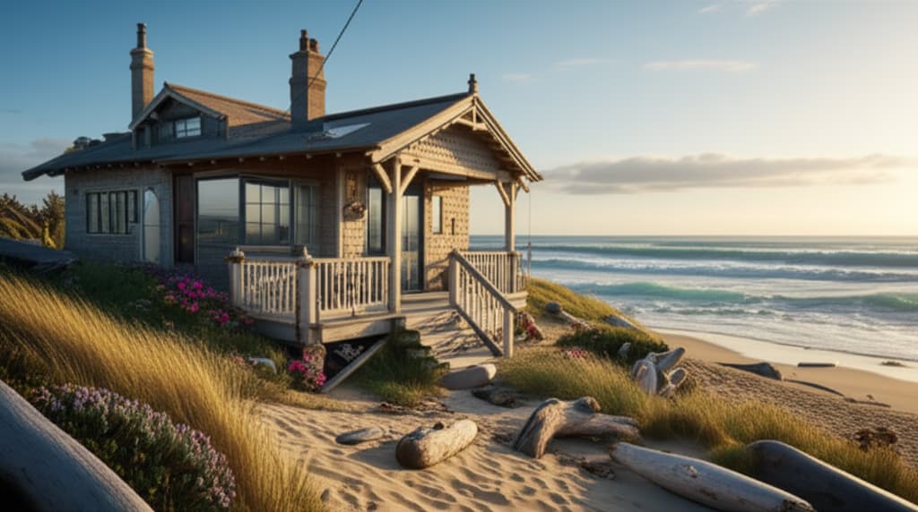 A picturesque seaside cottage with weathered wood siding situated directly on a sandy beach overlooking the vast ocean under a warm golden hour sky. Ideal coastal home and beachfront living inspiration.