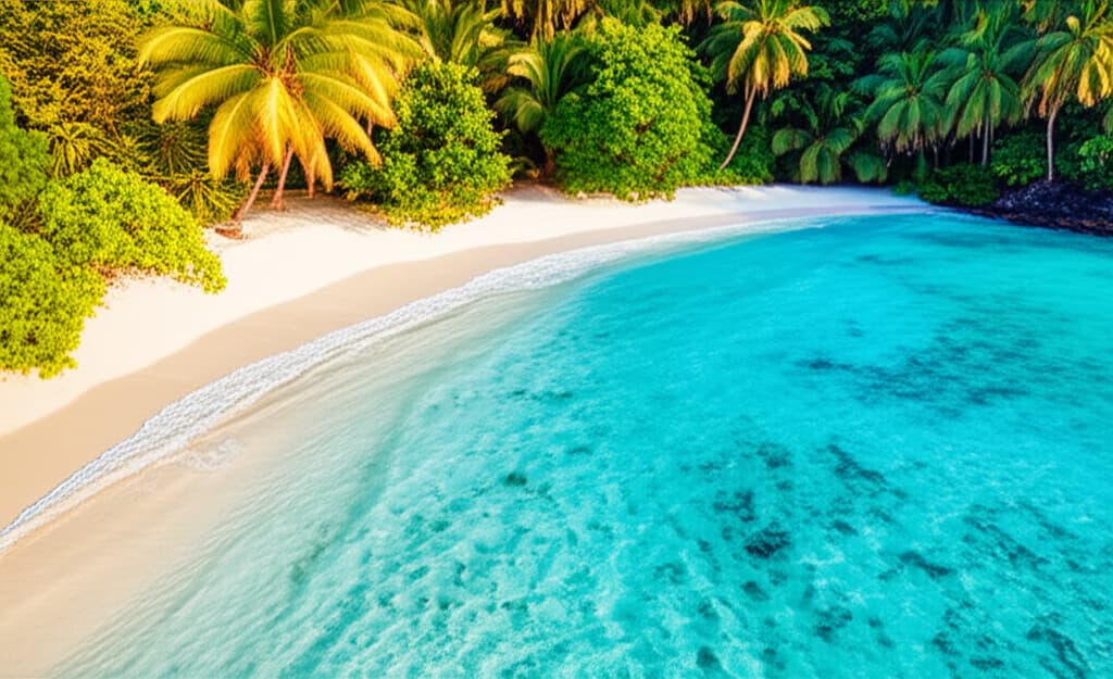 A pristine, deserted secluded beach with soft white sand, calm turquoise ocean water, and lush green palm trees framing the untouched shoreline. No people are visible, emphasizing the remote and natural beauty of this hidden tropical paradise.