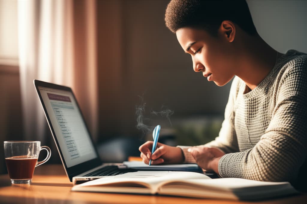 A focused student engaged in self-study at a desk with books and a laptop, illustrating dedication to learning and personal development.
