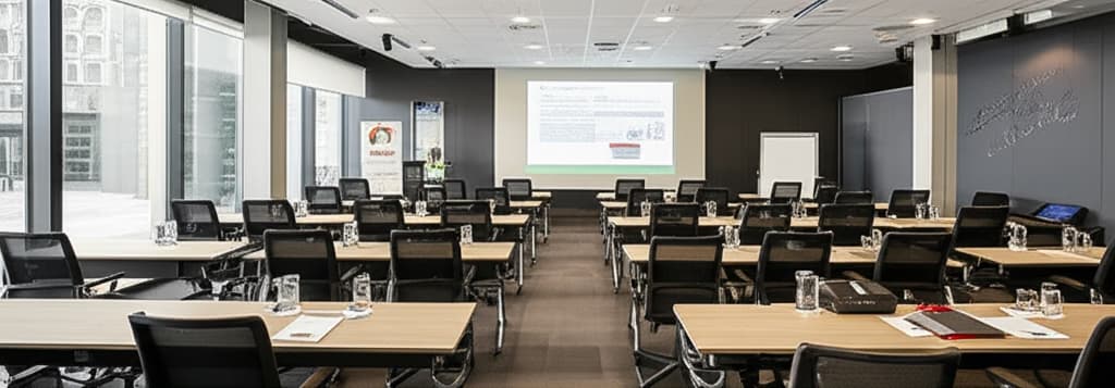 High-quality image of a modern, empty seminar room with ergonomic seating, a large projector screen, and natural light, set up for professional presentations and meetings.