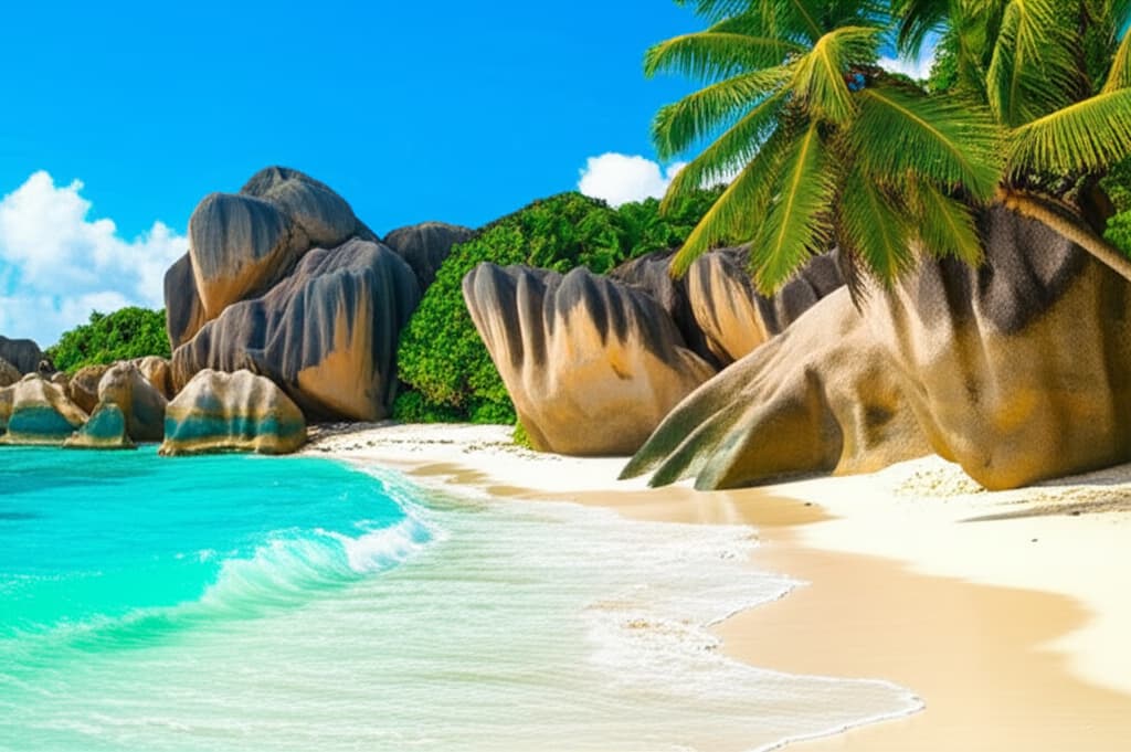 Beautiful Seychelles beach with clear turquoise water, white sand, swaying palm trees, and unique granite boulders under a clear sky.