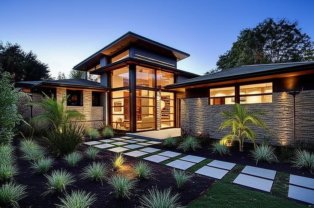 Exterior view of a modern single story home with large windows, stone facade, and landscaped front yard, showcasing contemporary design and curb appeal.