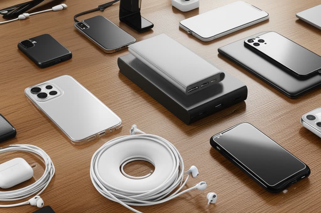 A high-angle view of a curated collection of modern smartphone accessories neatly arranged on a light wooden surface. Items include various colored phone cases, a wireless charging pad, true wireless earbuds in a case, a power bank, a flexible phone stand, and a screen protector kit, all showcasing their design and utility. Ideal for enhancing mobile device functionality and protection.