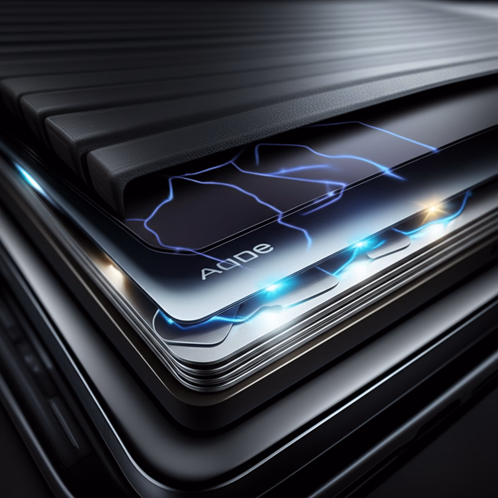 Realistic cross-section of a modern smartphone lithium-ion battery revealing internal components and advanced mobile power technology.