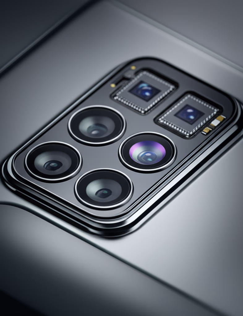Close-up of a modern smartphone camera module, showcasing multi-lenses, large image sensor, and advanced computational photography technology for superior image quality.