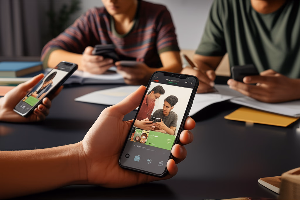 Diverse group of students and adults actively engaged in smartphone education, utilizing mobile devices for learning digital skills, online courses, and enhancing technological literacy in a modern educational setting.