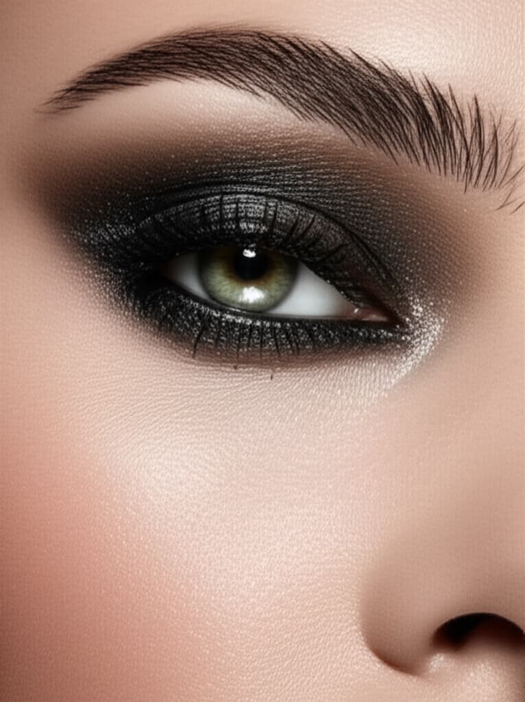 Close-up of a woman with a perfectly blended classic smoky eye makeup look, featuring dark eyeshadow, precise eyeliner, and long lashes. Ideal for beauty tutorials and smoky eye makeup inspiration.