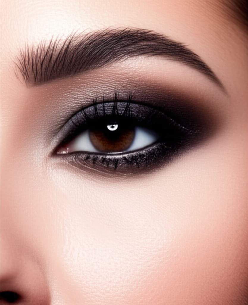 Close-up of a woman's face showcasing a classic, beautifully blended smoky eye makeup look with natural skin, intense gaze, and perfectly defined eyelashes.