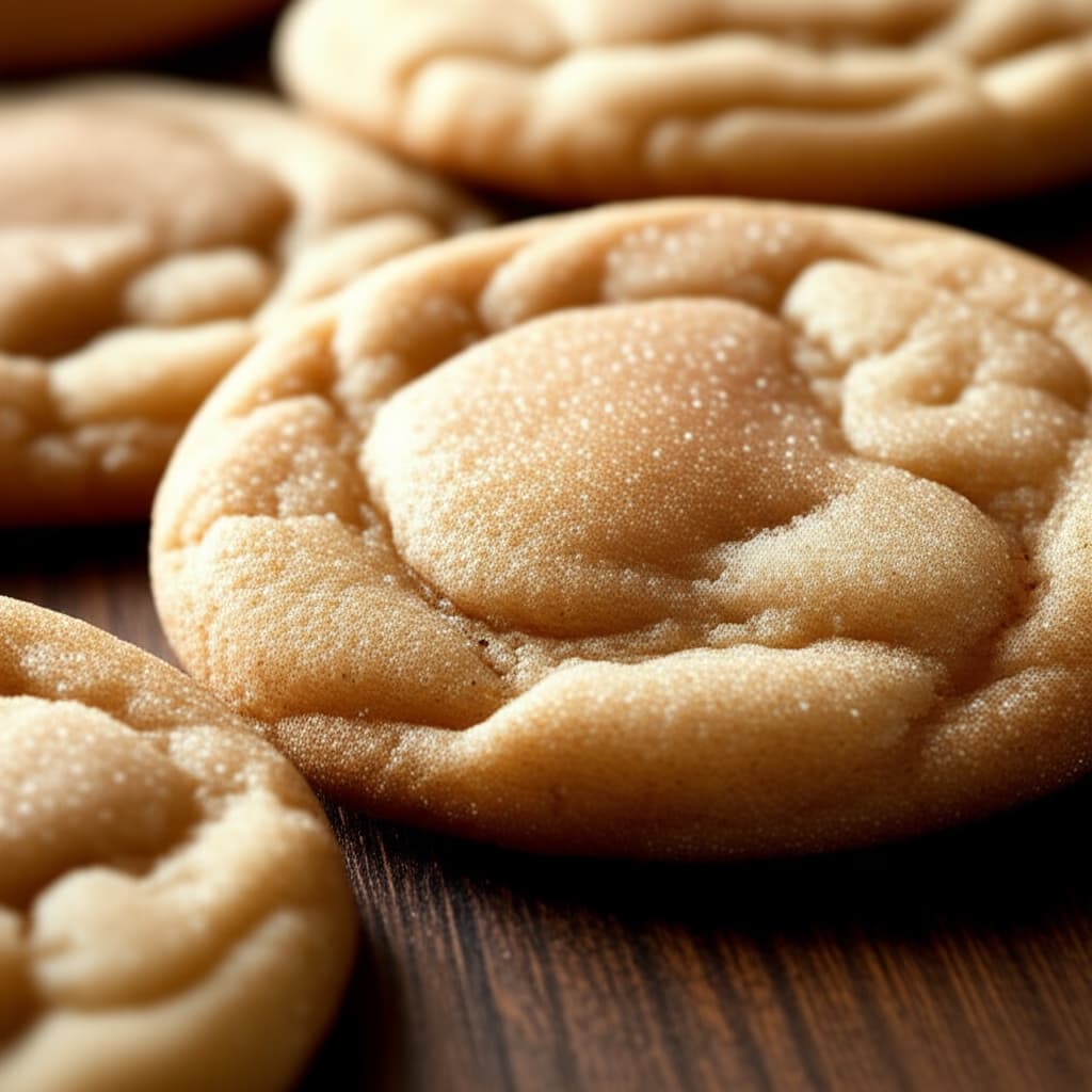 Close-up of freshly baked, warm snickerdoodle cookies coated in cinnamon sugar on a rustic wooden surface, highlighting their soft, chewy texture and golden-brown edges.