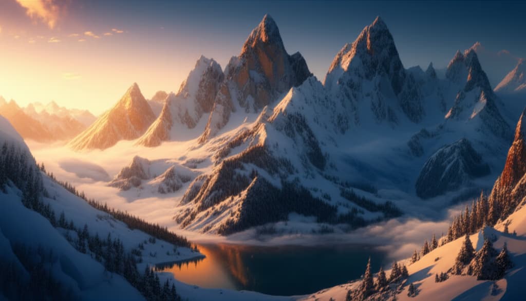 Stunning panoramic view of majestic snow-capped mountains, featuring dramatic sunrise lighting, a serene alpine lake, and detailed snow textures. Ideal for nature and winter landscape enthusiasts.