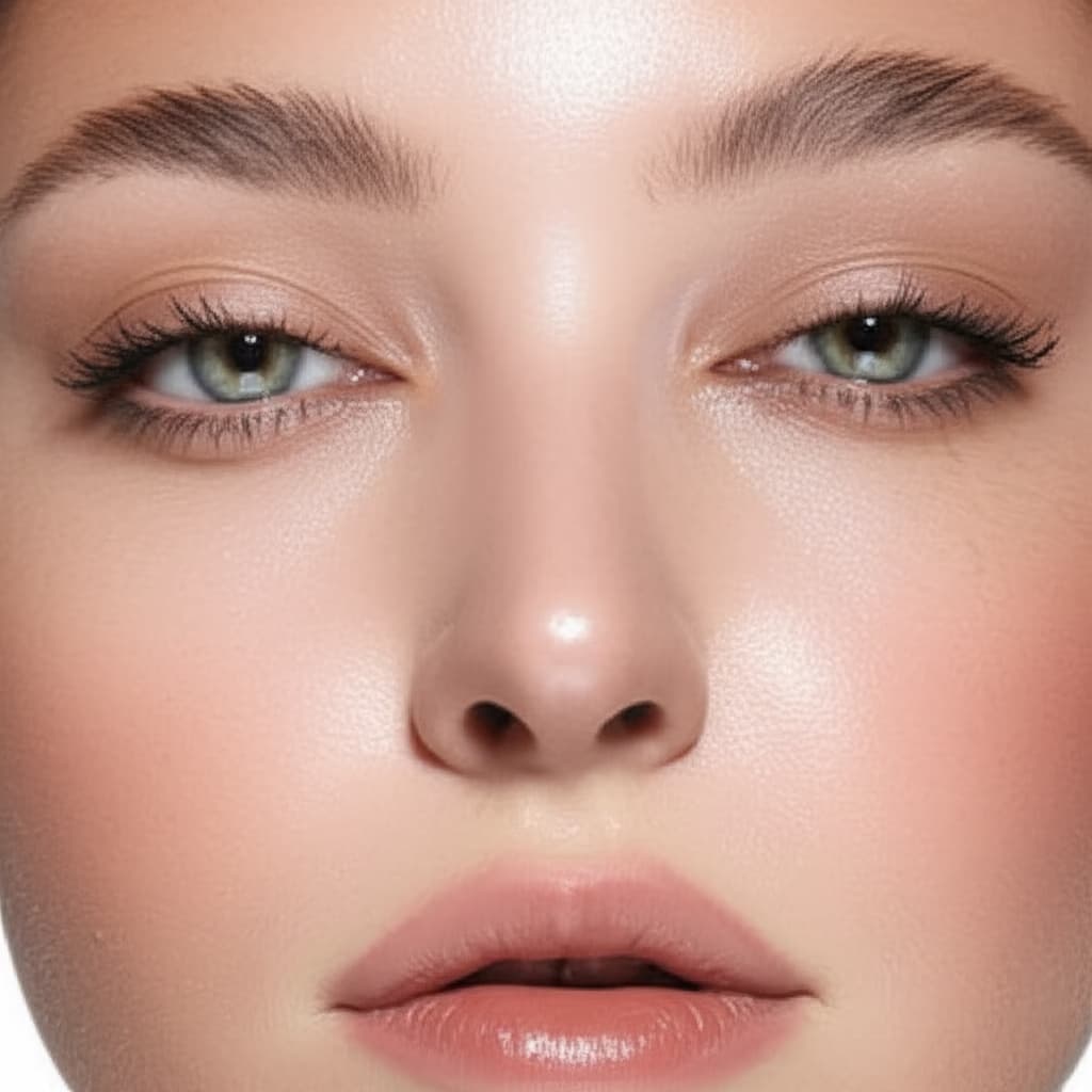 Close-up portrait of a woman demonstrating a natural soft makeup look with luminous skin and subtle features, perfect for an elegant, everyday appearance.