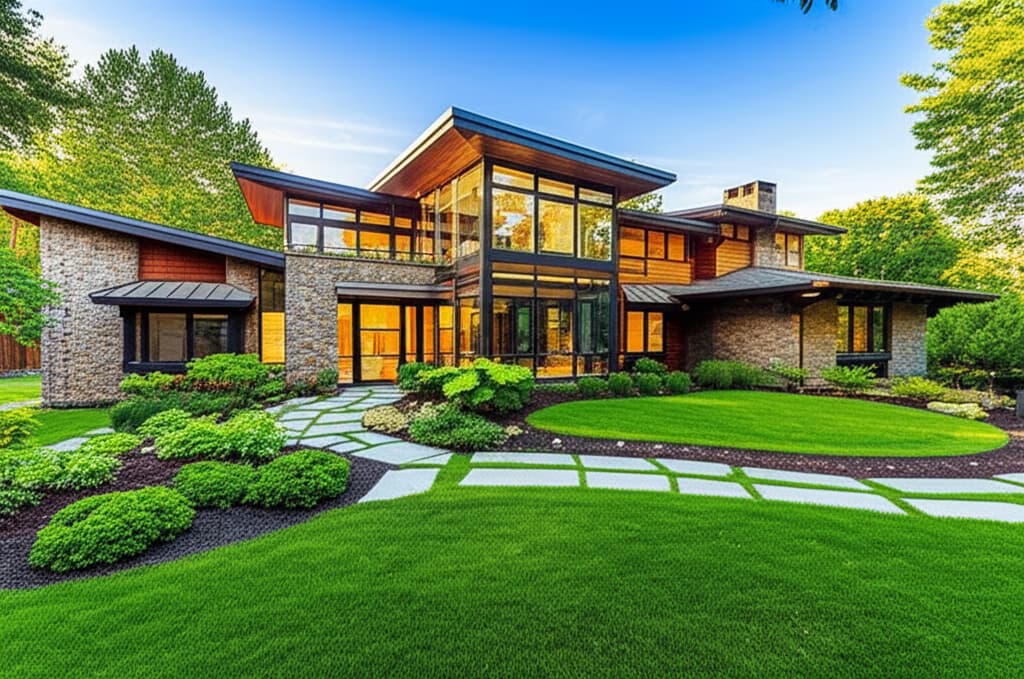 Exterior view of a contemporary split-level home featuring stone and wood siding, large windows, multiple staggered levels, and a beautifully landscaped front yard under a clear sky.