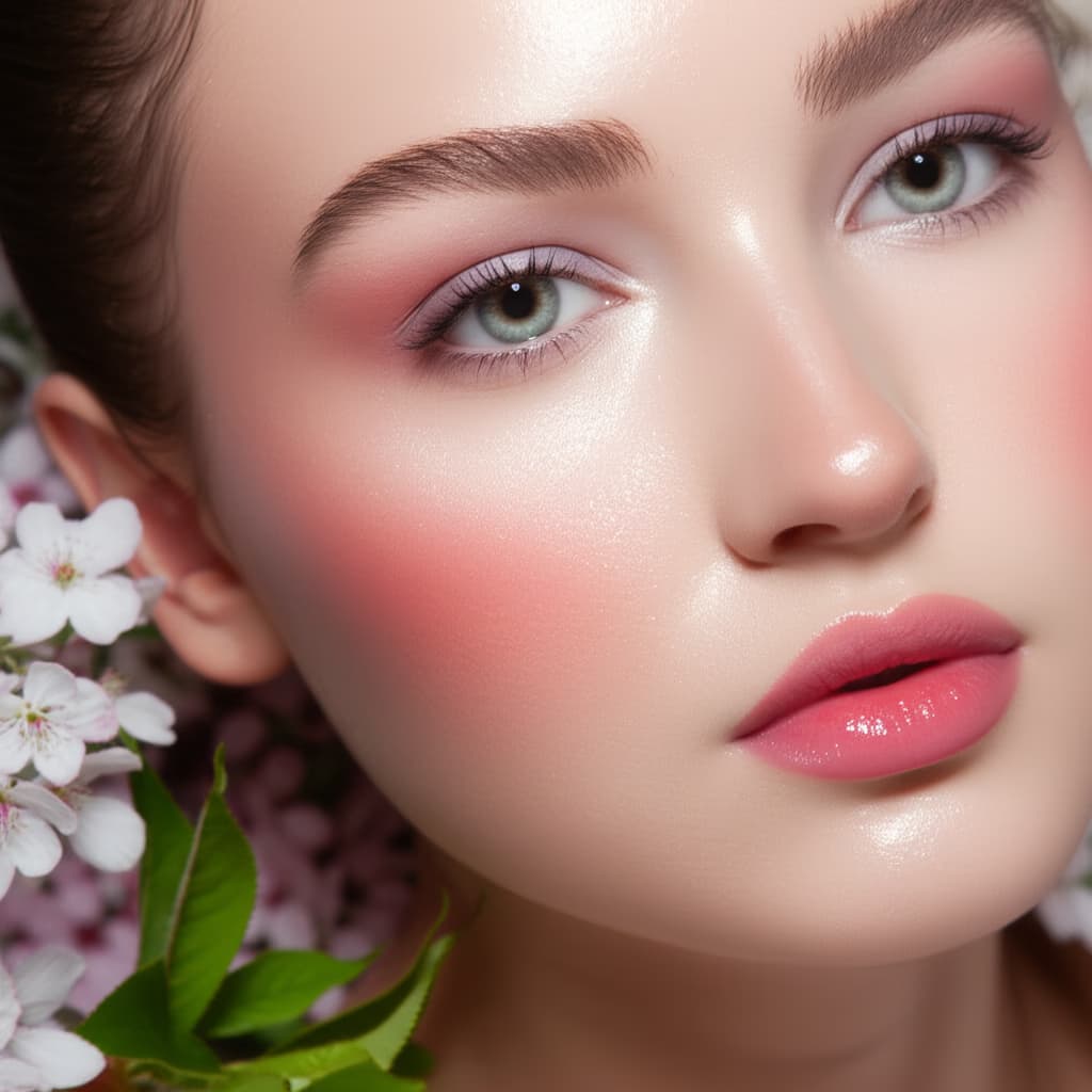 Close-up portrait of a woman showcasing a natural and fresh spring makeup look with glowing skin, soft eyeshadow, and rosy lips, set against a blurred floral background.