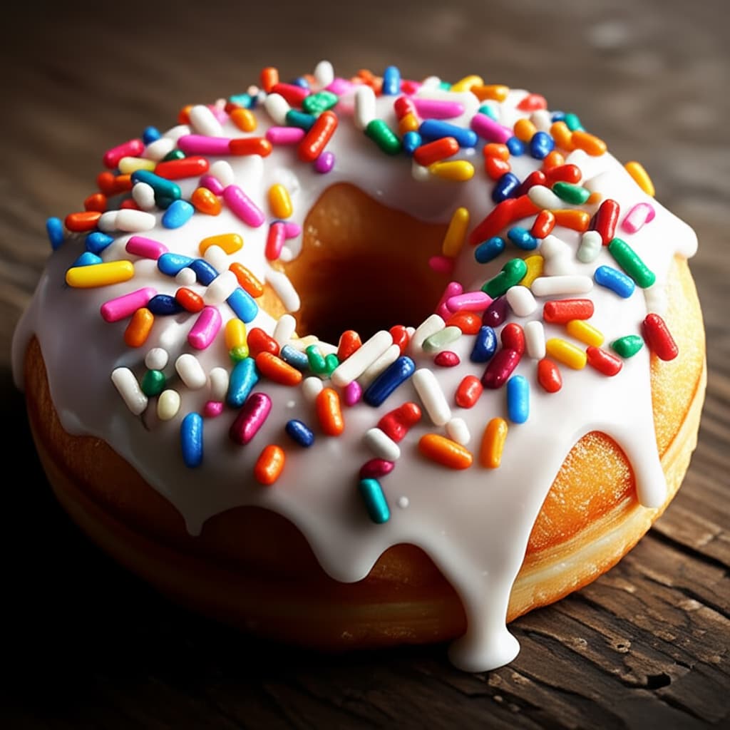 A close-up of a freshly baked sprinkle donut with colorful rainbow sprinkles and shiny pink glaze on a white plate, highlighting its delicious texture and vibrant appearance.